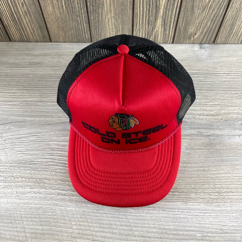 Chicago Blackhawks NHL Retro 80s Cold Steel On Ice Trucker Cap Hockey Beer